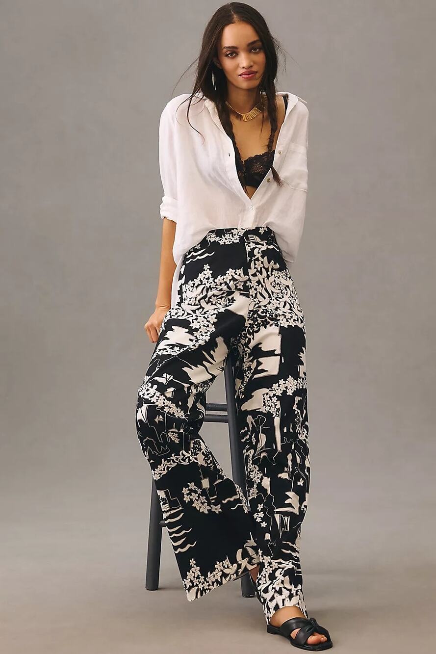 New ANTHROPOLOGIE Tiny Anne Printed Wide-Leg Pants $160 SIZE 2 Black Motif